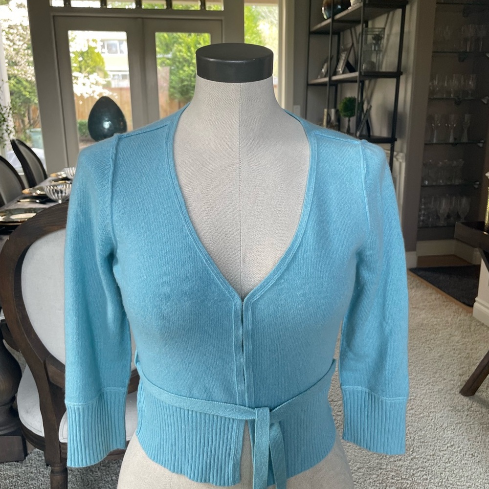 Joie Blue Cropped Cardigan with V-Neck and Tie Waist